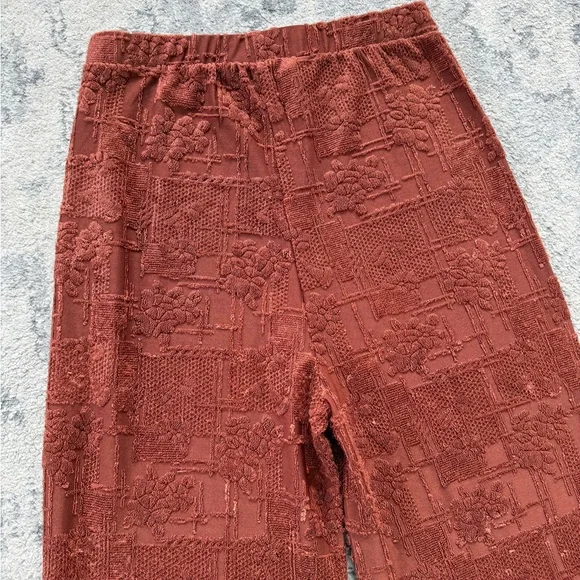 ZARA Women’s Rust Textured Jacquard Wide-Leg Pants Boho Floral Lounge Trousers M - Picture 7 of 12
